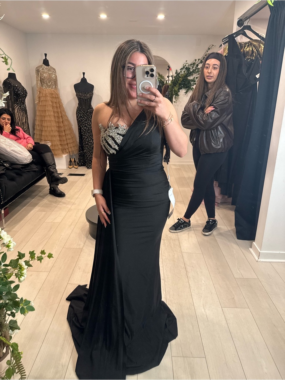Elegant Black One-Shoulder Evening Gown with Silver Embellishment